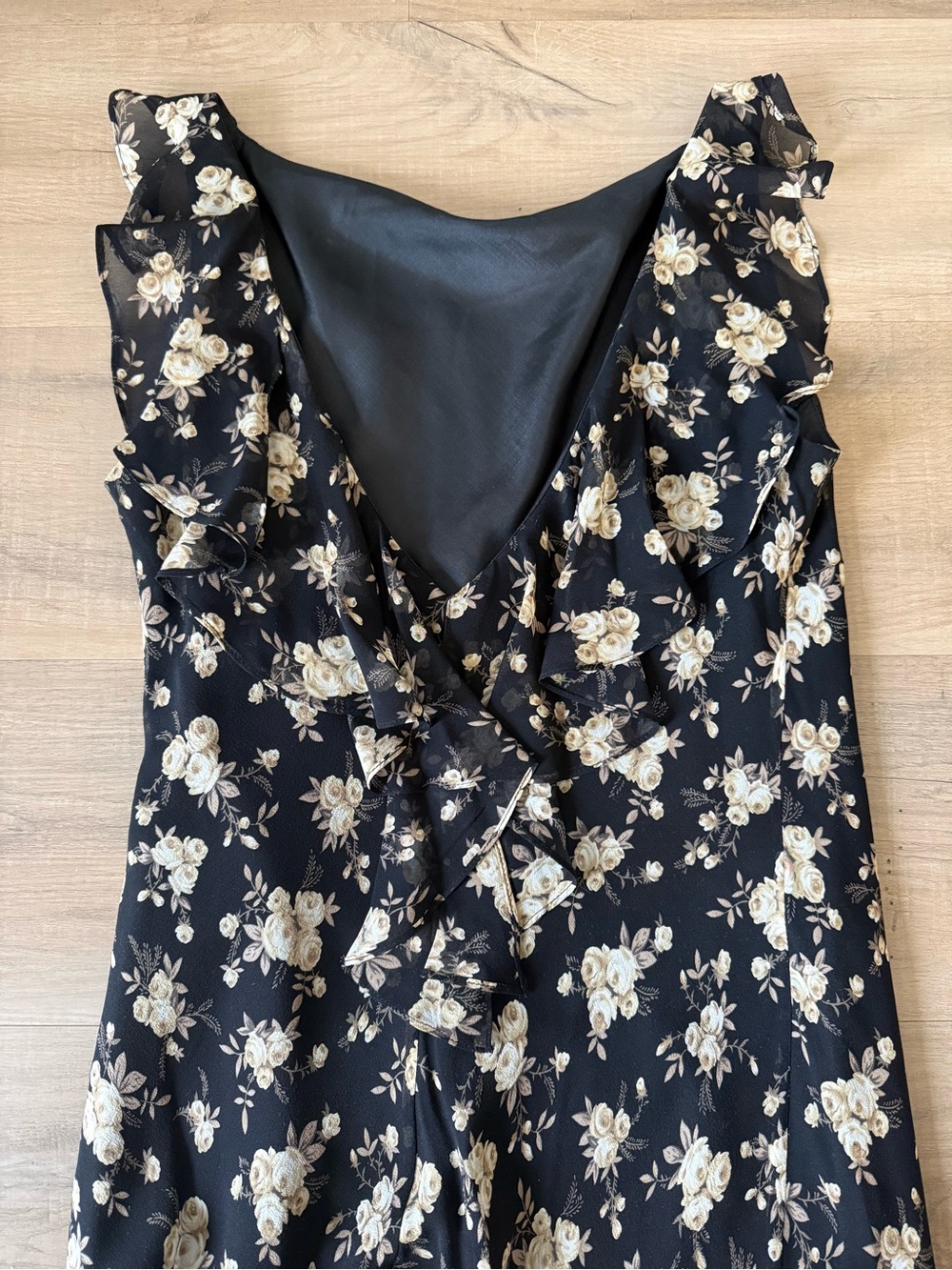 Vintage 90s Ralph Lauren Black Floral Silk Open Back Maxi Dress - US 10 - Picture 5 of 6